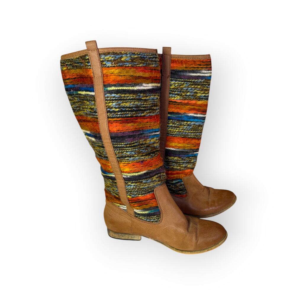 Vintage-Inspired Tall Leather & Woven Boots | Southwestern Boho Style | Size 8